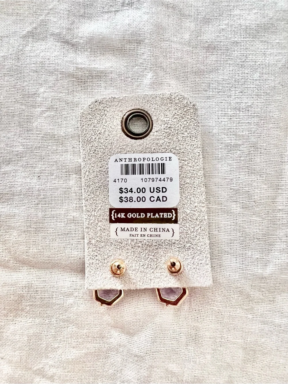 Anthropologie 14K gold plated stud earrings with light purple gemstone Brand New